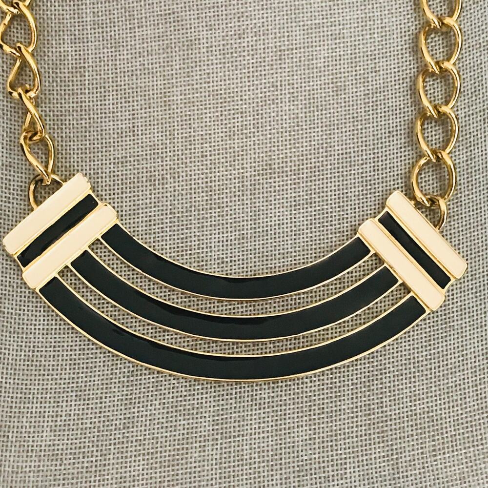 Vintage Monet Black Enamel Necklace - Gold Tone Geometric Statement - Nautical.